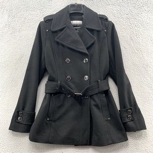 VTG Kenneth Cole Women Wool Blend Black Trench Coat Double Breast Belted Size 10
